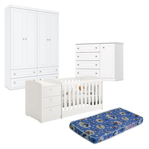 Quarto Infantil Americano 4 Portas e Berço Multifuncional Atlanta Branco Fosco com Colchão Ortobom -