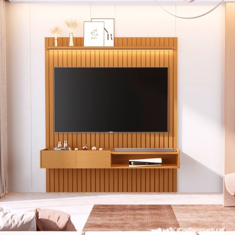 Painel Ripado para TV até 75 Polegadas MDF 187cmx219cm Nicho e Prateleira com Led Vitoria Regia YesCasa Marrom Nature
