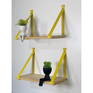 Kit 3 Prateleiras de Pinus - Alça de Couro 40 X19cm:amarelo