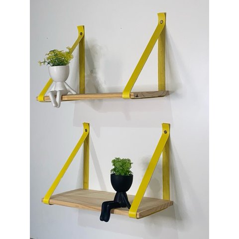 Kit 3 Prateleiras de Pinus - Alça de Couro 40 X19cm:amarelo