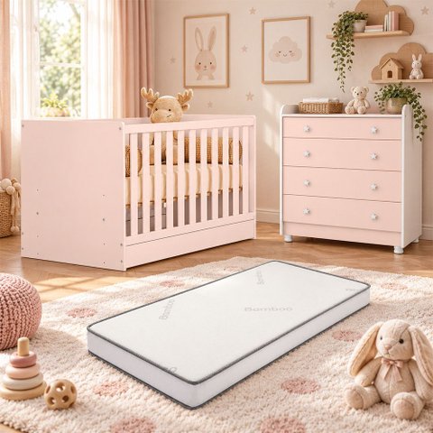 Kit Quarto de Bebê Doce Sonho com Berço Mini Cama Cômoda com Trocador e Colchão D18 130x70 Movellu
