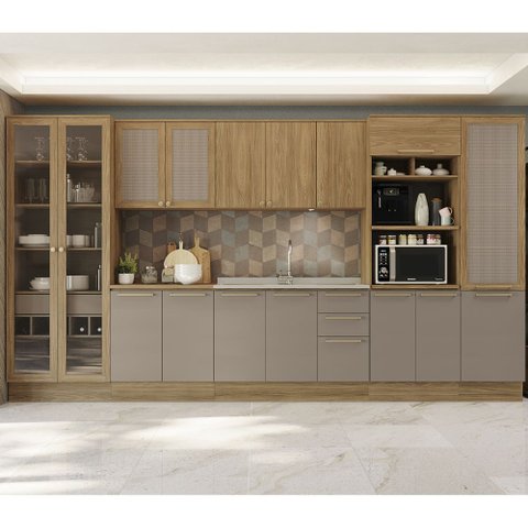 Armário de Cozinha Modulada Completa 08 Peças 4,00m Botanic Kappesberg - Nogueira/fendi