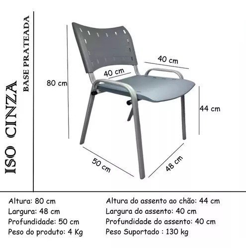 Kit Com 10 Cadeiras Iso Para Escola Escritório Comércio Cinza Base Prata - 3