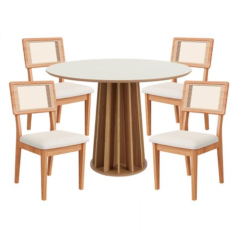 Conjunto Mesa de Jantar Redonda 4 Cadeiras Enconto Tela 100% Mdf Branco/bege Dalla Costa