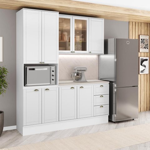 Armário de Cozinha Completa com Balcão Milla Linen Carraro Branco
