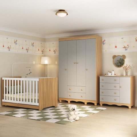 Quarto de Bebê Completo com Berço Americano 3 em 1 Dengo Multimóveis Mp4584 Madeirado/off White