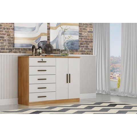 Cômoda para Quarto com Sapateira 5 Gavetas - Seul-cumaru/fendi - Móveis Novo Horizonte