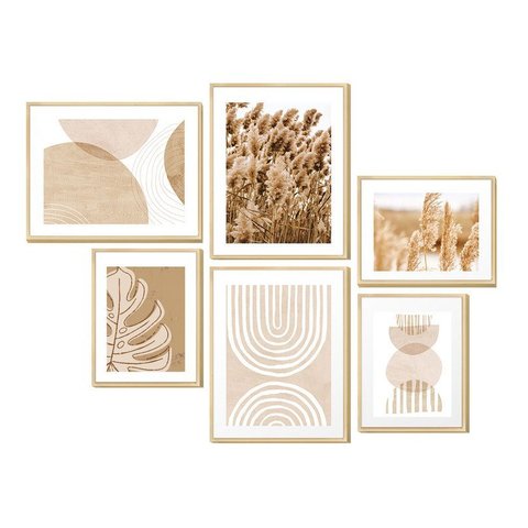 Kit 6 Quadros Decorativos Abstrato Boho Trigo Bege Minimalista