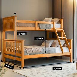 Beliche com Cama Casal Solteiro Madeira Maciça Grade Escada - 2