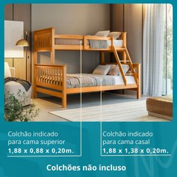 Beliche com Cama Casal Solteiro Madeira Maciça Grade Escada - 4