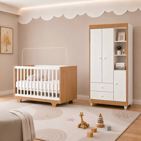 Quarto de Bebê Completo Guarda Roupa 3 Portas e Berço Mini Cama 100% MDF Encanto