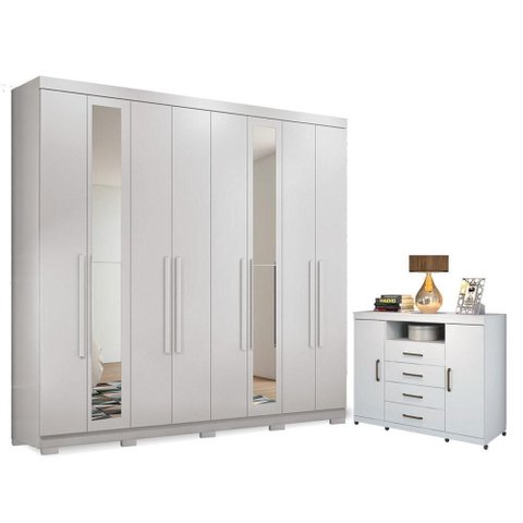 Guarda Roupa Casal Master New 8 Portas 4 Gavetas com Espelho Cômoda Havana com Rodízios Branco