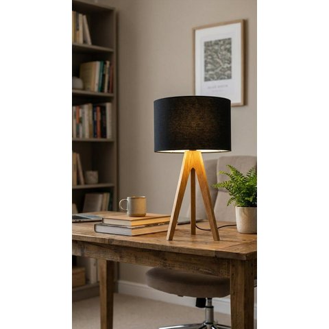 Abajur de Mesa para Escritório 50cm de Madeira Tripé Wells Cedro Preto