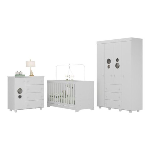 Quarto Infantil Completo com Berço 3 em 1 para Colchão 130x60cm Multimóveis Mp4383 Branco