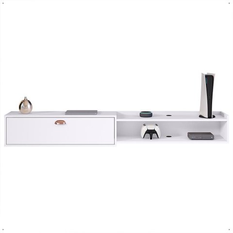Rack Suspenso 1.8 Estante Home Tv Smart 70 Polegadas 1 Porta Nicho Puxador Concha Sala Quarto Branco