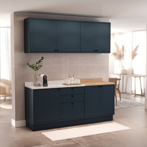 Cozinha Compacta Modulada 7 Portas 3 Gavetas 100% MDF 1 Tampo Sevilha Azul/Órion