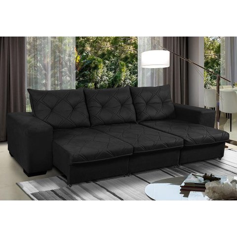 Sofá Retrátil e Reclinável 2,30m 3 Lugares Molas Helicoidais Suede Bali Preto