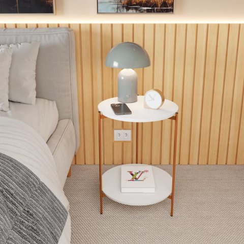 Mesa de Apoio Lateral Nina Branco com Pés de Ferro Bronze