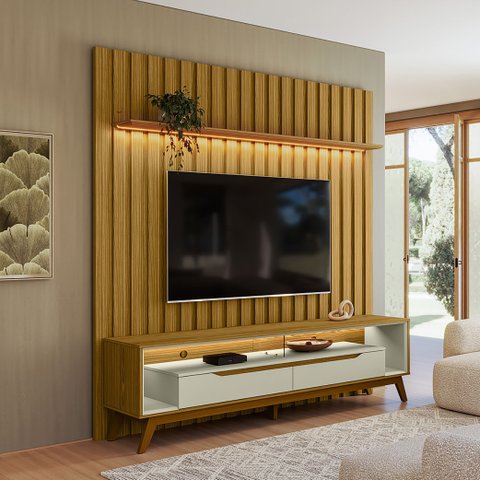 Rack com Painel Ripado para TV até 70 Polegadas com LED MDF 177CMX218CM Duo e London Olivar Móveis