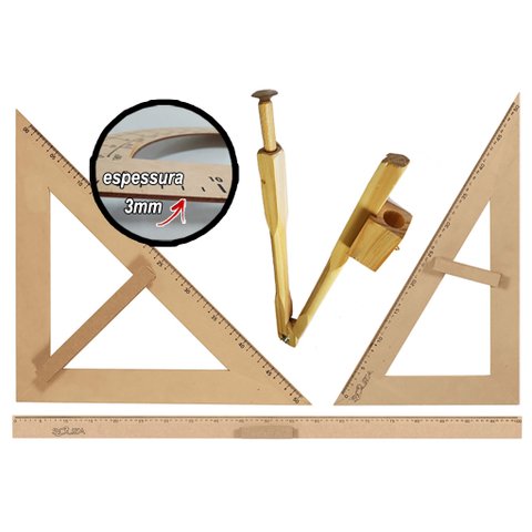 Kit Geométrico do Professor Mdf/Pinus Com Régua 1 Metro + 1 Compasso Para Quadro Branco 40 cm + 1 Es