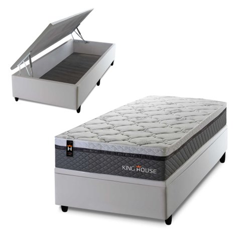 Conjunto Box Baú Solteiro Benton Branco 88x188x78 c/ Molas Ensacadas