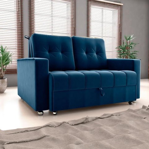 Sofá Cama Milão 2 Lugares 140cm Azul Veludo