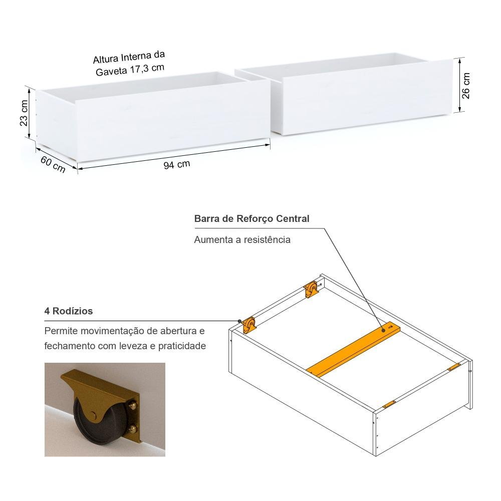 Cama Solteiro Eco com 02 Gavetas e Grade de Proteção Madeira Maciça Branco Mobilistore - 6