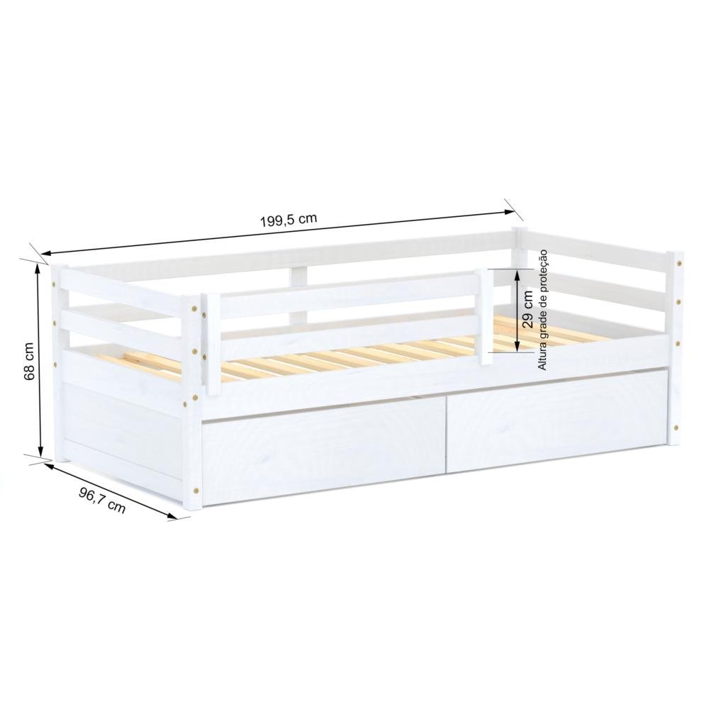 Cama Solteiro Eco com 02 Gavetas e Grade de Proteção Madeira Maciça Branco Mobilistore - 3