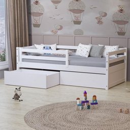 Cama Solteiro Eco com 02 Gavetas e Grade de Proteção Madeira Maciça Branco Mobilistore - 1