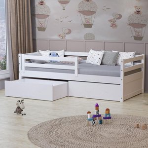 Cama Solteiro Eco com 02 Gavetas e Grade de Proteção Madeira Maciça Branco Mobilistore
