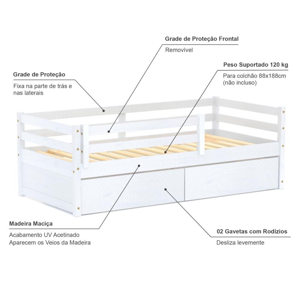 Cama Solteiro Eco com 02 Gavetas e Grade de Proteção Madeira Maciça Branco Mobilistore - 5