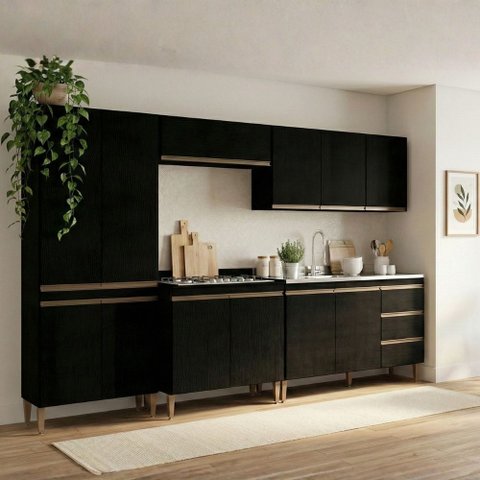 Armário de Cozinha Completa Modulada 280cm 5 Peças Milão Menu Móveis Preto