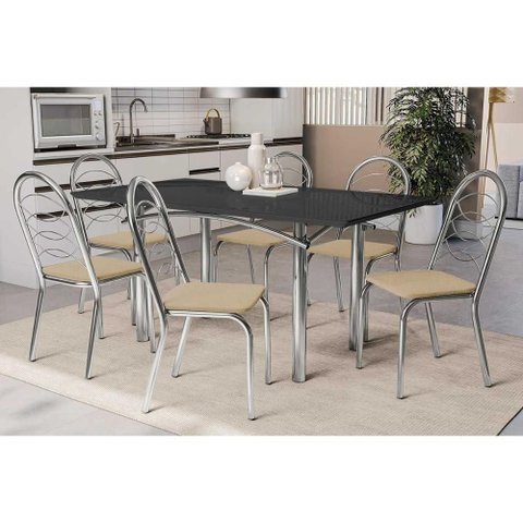 Sala de Jantar Completa Elba Tampo Madeirado C/ Vidro 160cm e 6 Cadeiras Holanda Cromada/preto -