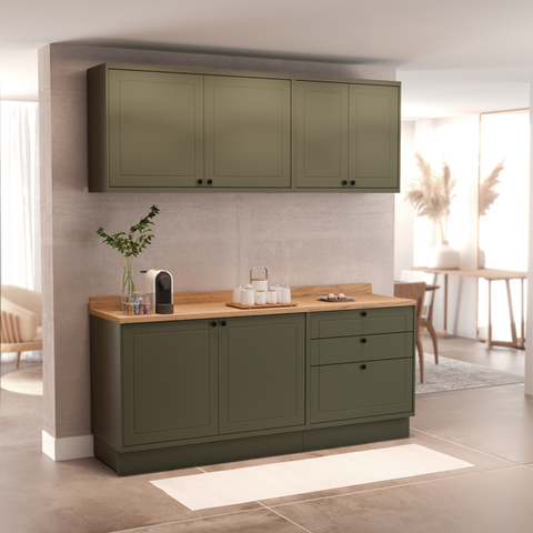 Cozinha Compacta Modulada 6 Portas 3 Gavetas 100% MDF 2 Tampos Sevilha Verde/Hill