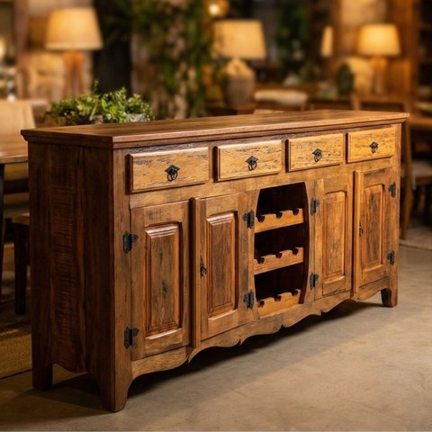 Aparador Buffet Sala de Jantar Madeira Maciça Borda Orgânica com Adega e 4 Gavetas
