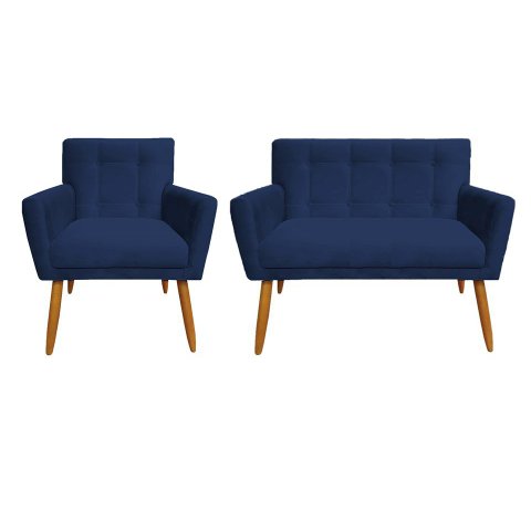 Kit Namoradeira + 1 Poltrona Decorativa Onix Suede Azul Marinho Pés Madeira Ms Decor
