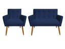 Ver imagem 1 de Kit Namoradeira + 1 Poltrona Decorativa Onix Suede Azul Marinho Pés Madeira Ms Decor