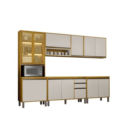 Cozinha Eduarda Plus 5 Peças Cristaleira 260 cm com Vidro Reflecta Aéreo 2PTS Cinamono/Off White