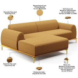 Sofá 4 Lugares Chaise Esquerdo Sala Molino 255cm D02 Pés D\'ouro Prime Bouclê Mostarda Pb-03 - 7