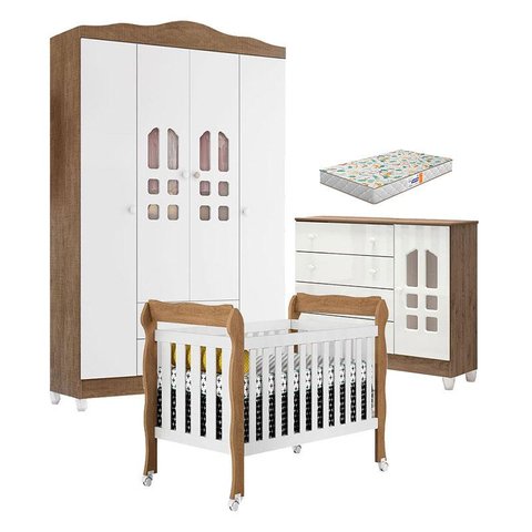 Quarto de Bebê New Selena 4 Portas com Berço Lila e Cômoda Selena Branco Acetinado Amadeirado e Colc