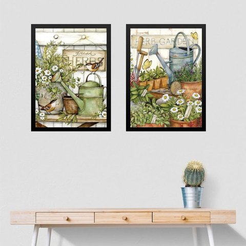 Kit 2 Quadros Jardim - Flores e Regadores 24x18cm:moldura Branca