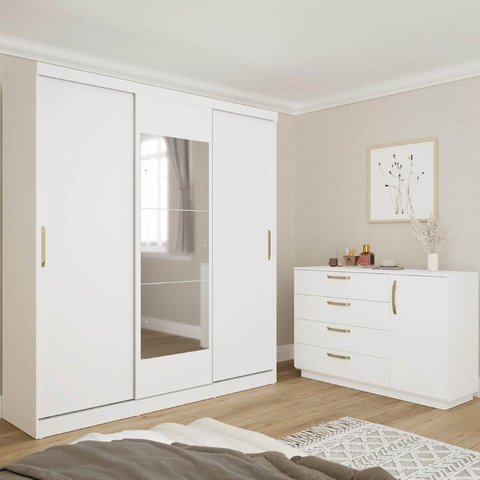 Kit Guarda Roupas 3 Portas e Cômoda Araçá CabeCasa MadeiraOriginals Branco