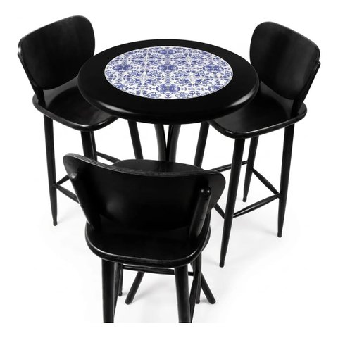 Conjunto Mesa Bistrô Alta Redonda 60cm + 3 Banquetas Bar Varanda Pub - Azulejo Português - Preta