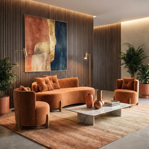 Conjunto 2 Poltronas + Sofá Curvo Orgânico Veludo Terracota - Montanaris Decor