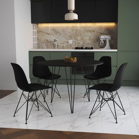 Mesa de Jantar Redonda 90cm Preta Clips 3 Pés com 4 Cadeiras Pretas Ferro Preto Cor: Preto