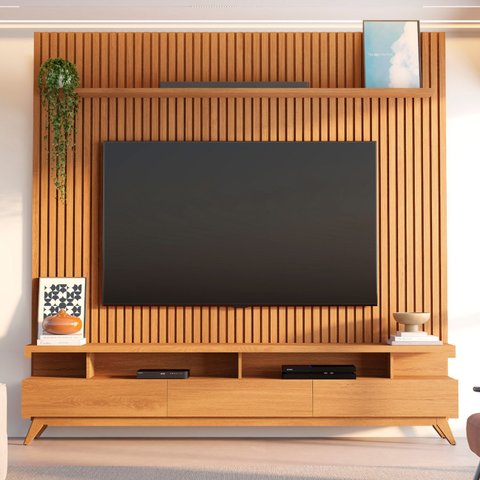 Rack com Painel Ripado para Tv até 85 Polegadas 230x250cm 100% Mdf Yucca CabeCasa MadeiraOriginals