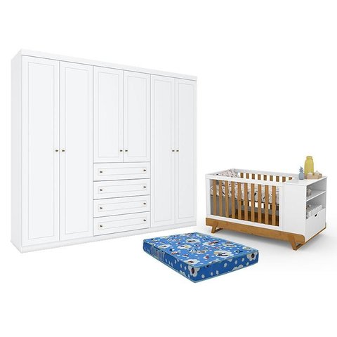 Berço Multifuncional Bkids Branco Freijó Eco Wood - Matic E guarda Roupa Casal Americano 6 Portas Br