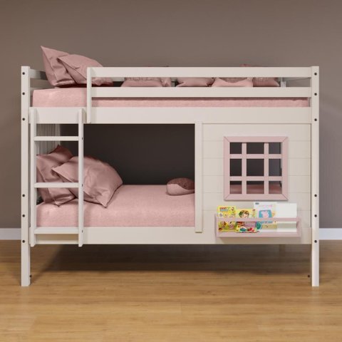 Beliche Infantil com Janela e Cortina Madeira Maciça Branco/ Rosa Housin