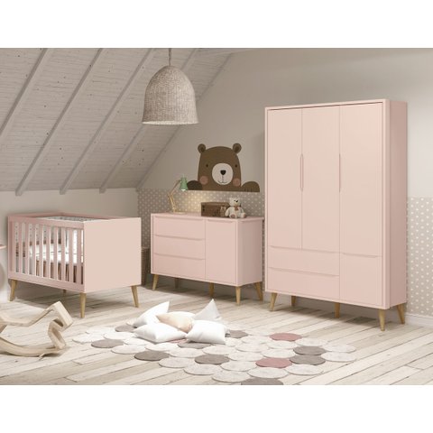 Jogo de Quarto para Bebê Completo 3 Portas Théo New Rosa Fosco com Natural - Reller