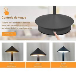 Luminaria de Mesa Led 3 Tons Controle de Intensidade Abajur Usb Bateria Recarregavel Casa Quarto Cab - 8